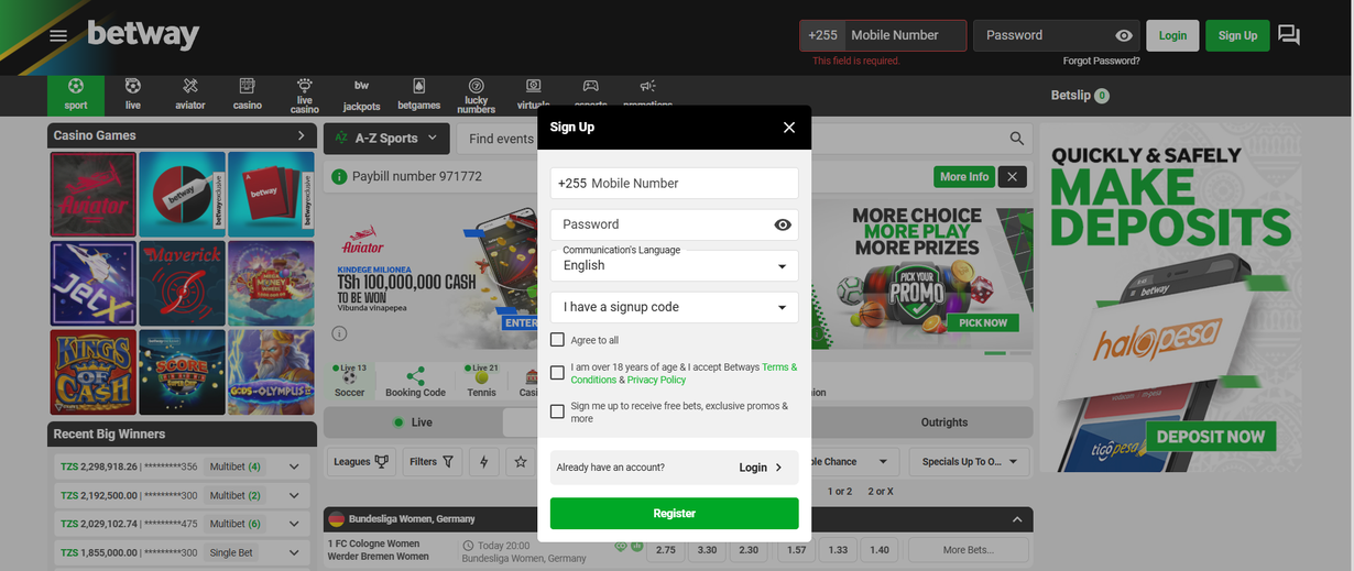 Aviator Betway login